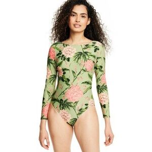 Agua Bendita Sage Green Long-Sleeve Floral One-Piece with Pink Blooms. NWT